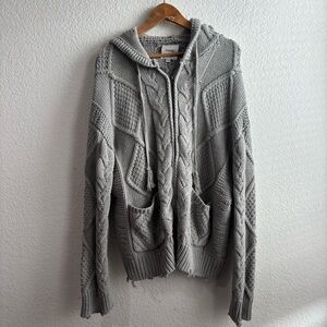 Found Revolve Gray Cable-Knit Hooded Zip Up Sweater Large